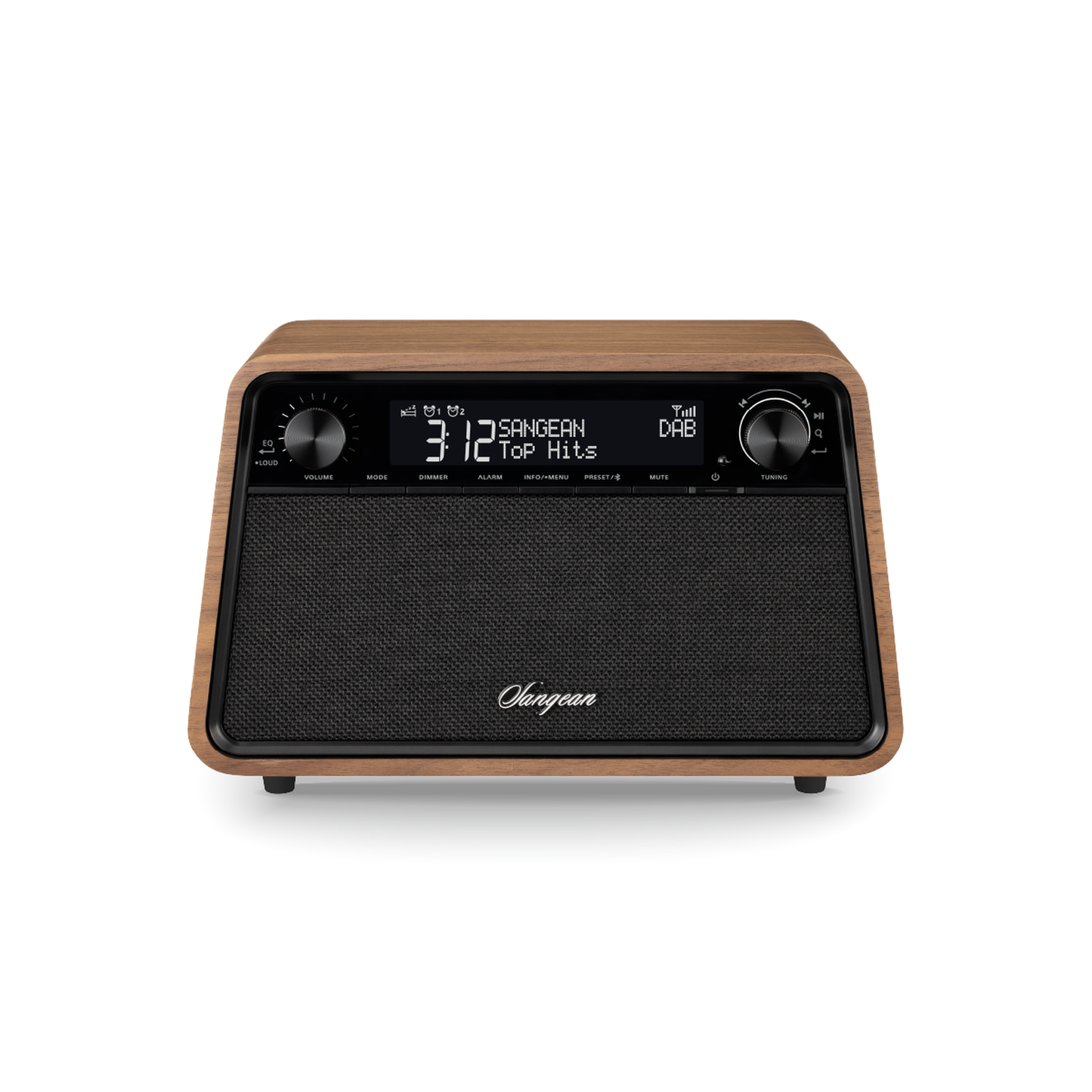 Sangean WR-201D DAB+ Tischradio Frontansicht mit Display und Drehreglern in Vintage Walnut
