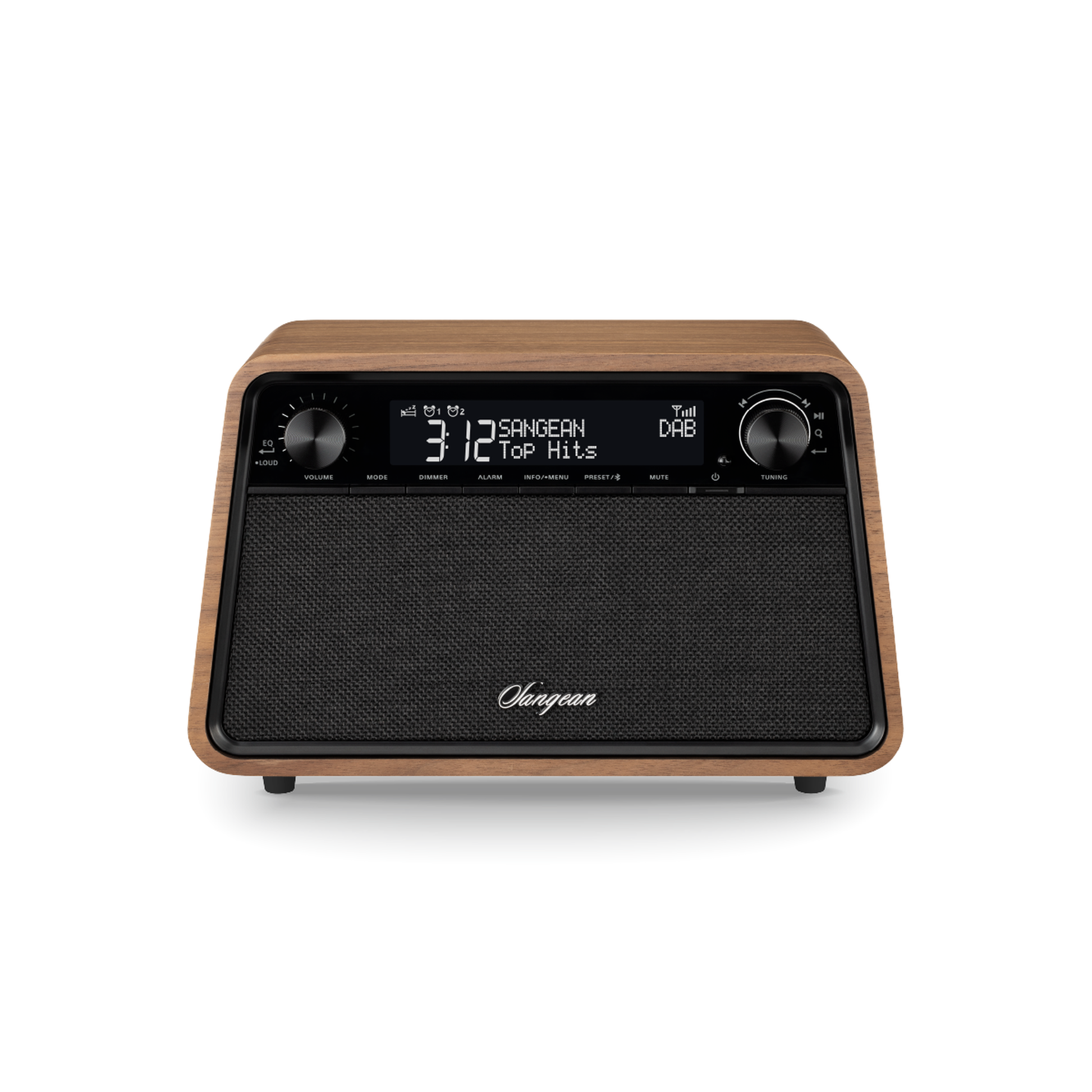 Sangean WR-201D DAB+ Tischradio Frontansicht mit Display und Drehreglern in Vintage Walnut