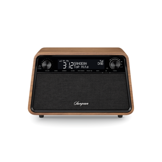 Sangean WR-201D DAB+ Tischradio Frontansicht mit Display und Drehreglern in Vintage Walnut