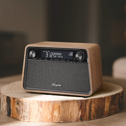 Sangean WR-201D DAB+ Tischradio Lifestyle auf Baumscheibe in Vintage Walnut