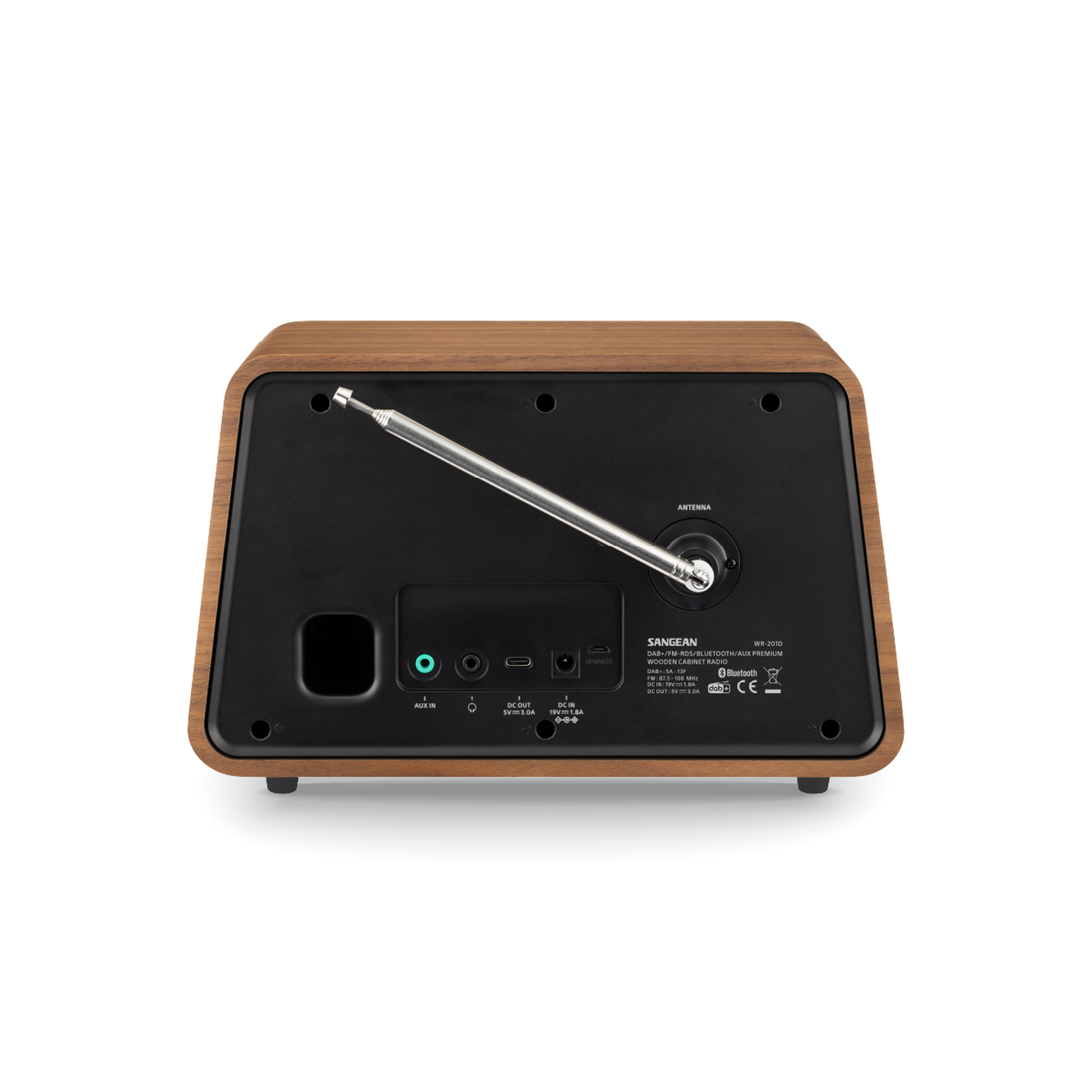 Sangean WR-201D DAB+ Tischradio Rückansicht mit Teleskopantenne, AUX-Eingang und Kopfhörerausgang in Vintage Walnut