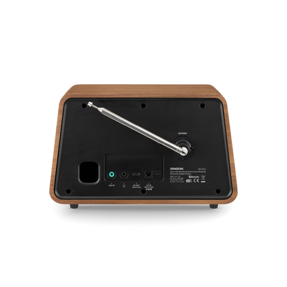 Sangean WR-201D DAB+ Tischradio Rückansicht mit Teleskopantenne, AUX-Eingang und Kopfhörerausgang in Vintage Walnut