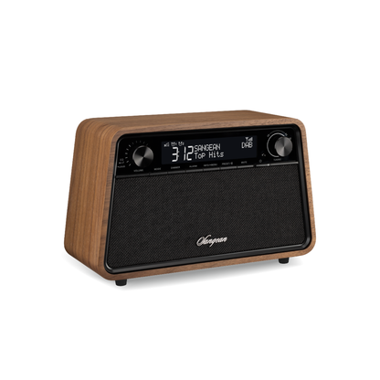 Sangean WR-201D DAB+ Tischradio Schrägansicht aus flacherem Blickwinkel in Vintage Walnut