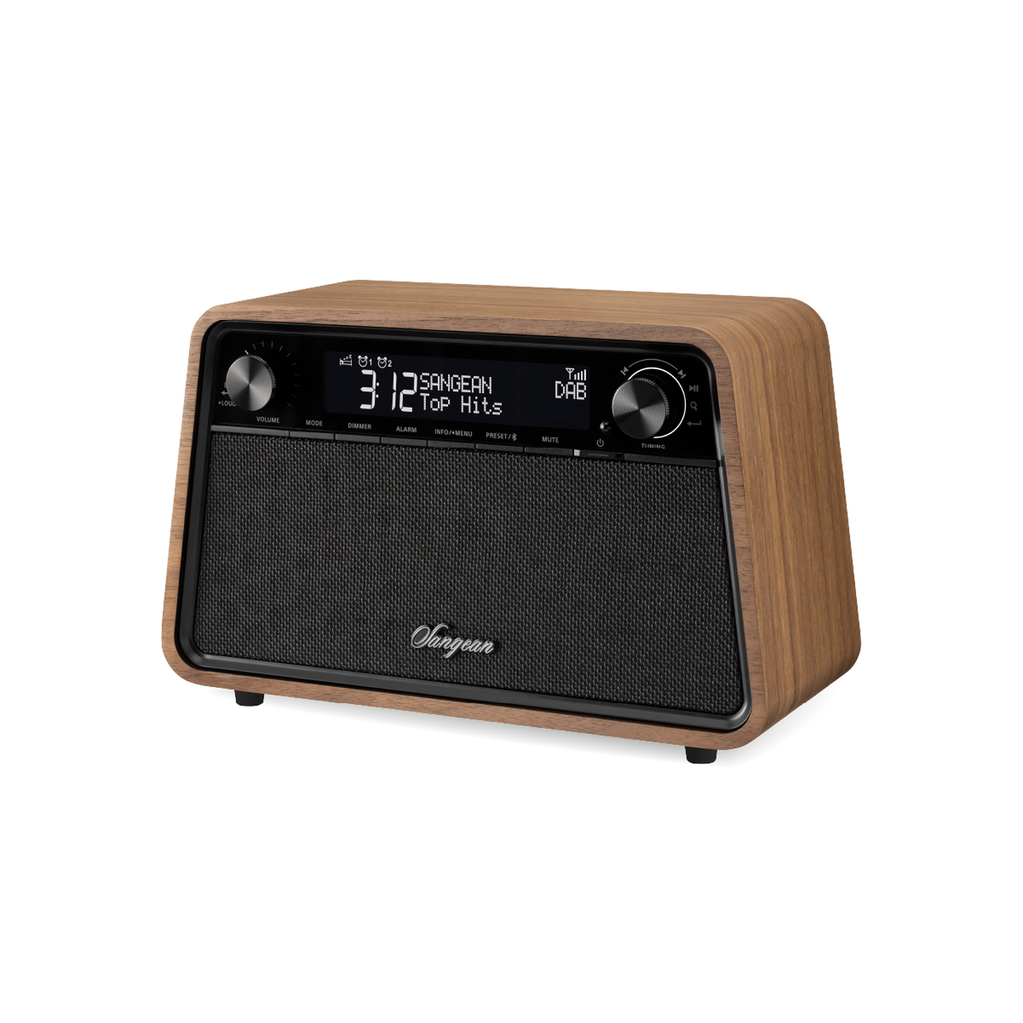 Sangean WR-201D DAB+ Tischradio Schrägansicht mit Blick auf Lautsprechergitter und Bedienelemente in Vintage Walnut