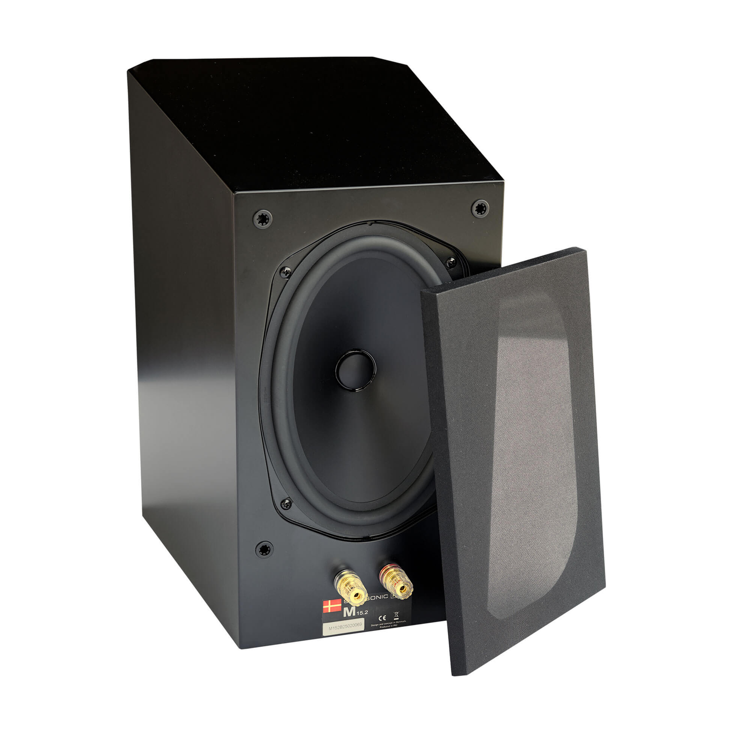 Scansonic HD M15.2 Regallautsprecher in Schwarz, Schrägansicht mit abgenommener Frontabdeckung