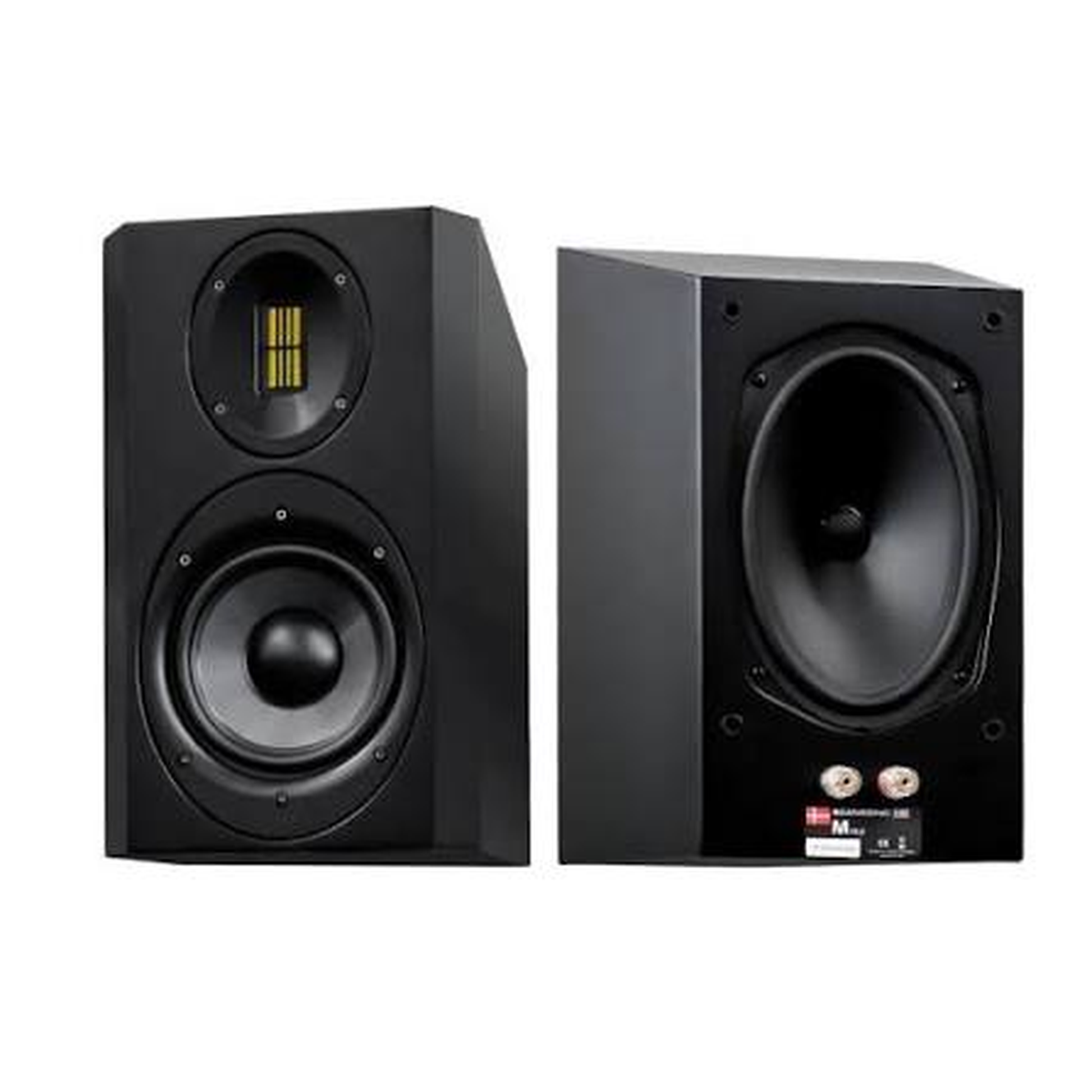 Scansonic HD M15.2 Regallautsprecher Stereopaar in Schwarz, Frontansicht und Rückansicht