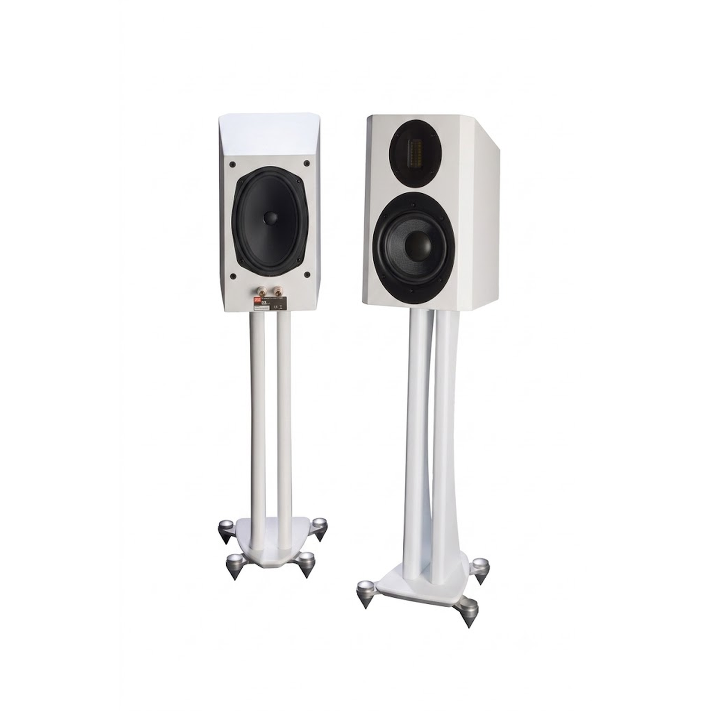 Scansonic HD M15.2 Regallautsprecher Stereopaar in Weiss, Frontansicht und Rückansicht