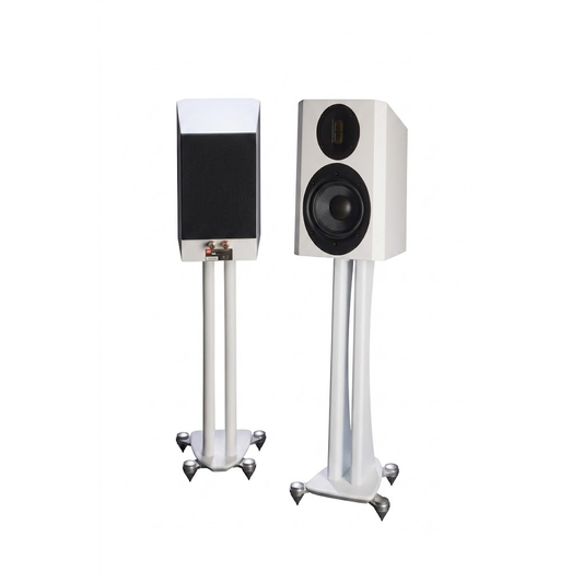Scansonic HD M15.2 Regallautsprecher Stereopaar in Weiss, links mit und rechts ohne Frontabdeckung
