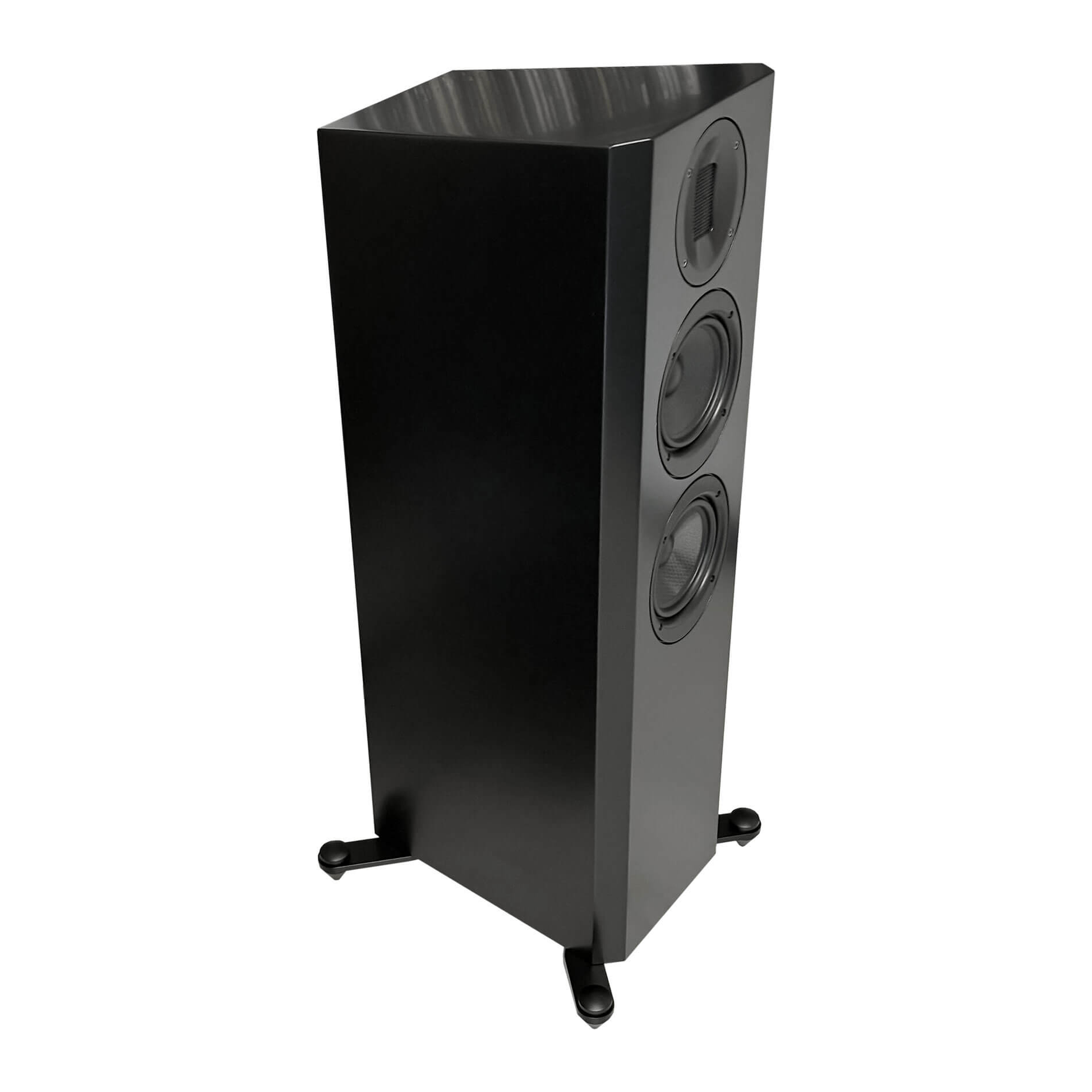 Scansonic HD M20.2 Standlautsprecher in Schwarz, Schrägansicht auf Gehäuseflanke und Schallwand