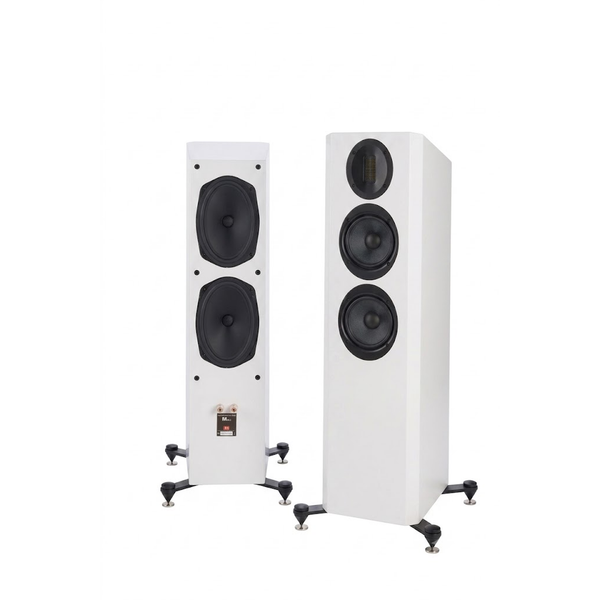 Scansonic HD M20.2 Standlautsprecher Stereopaar in Weiss, Frontansicht und Rückansicht