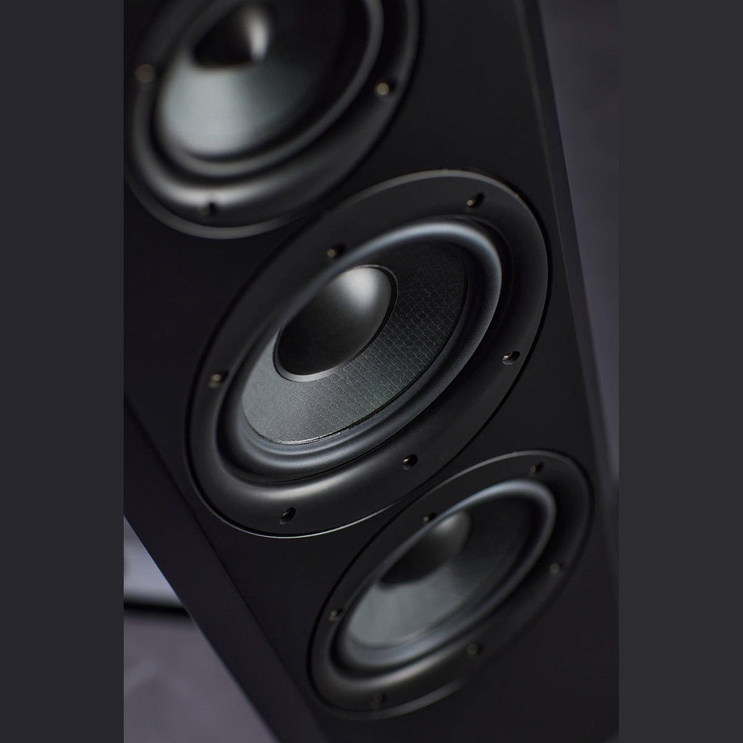 Scansonic HD M30.2 Standlautsprecher Detailansicht Frontbestückung mit Bändchenhochtöner und Mitteltöner in Schwarz