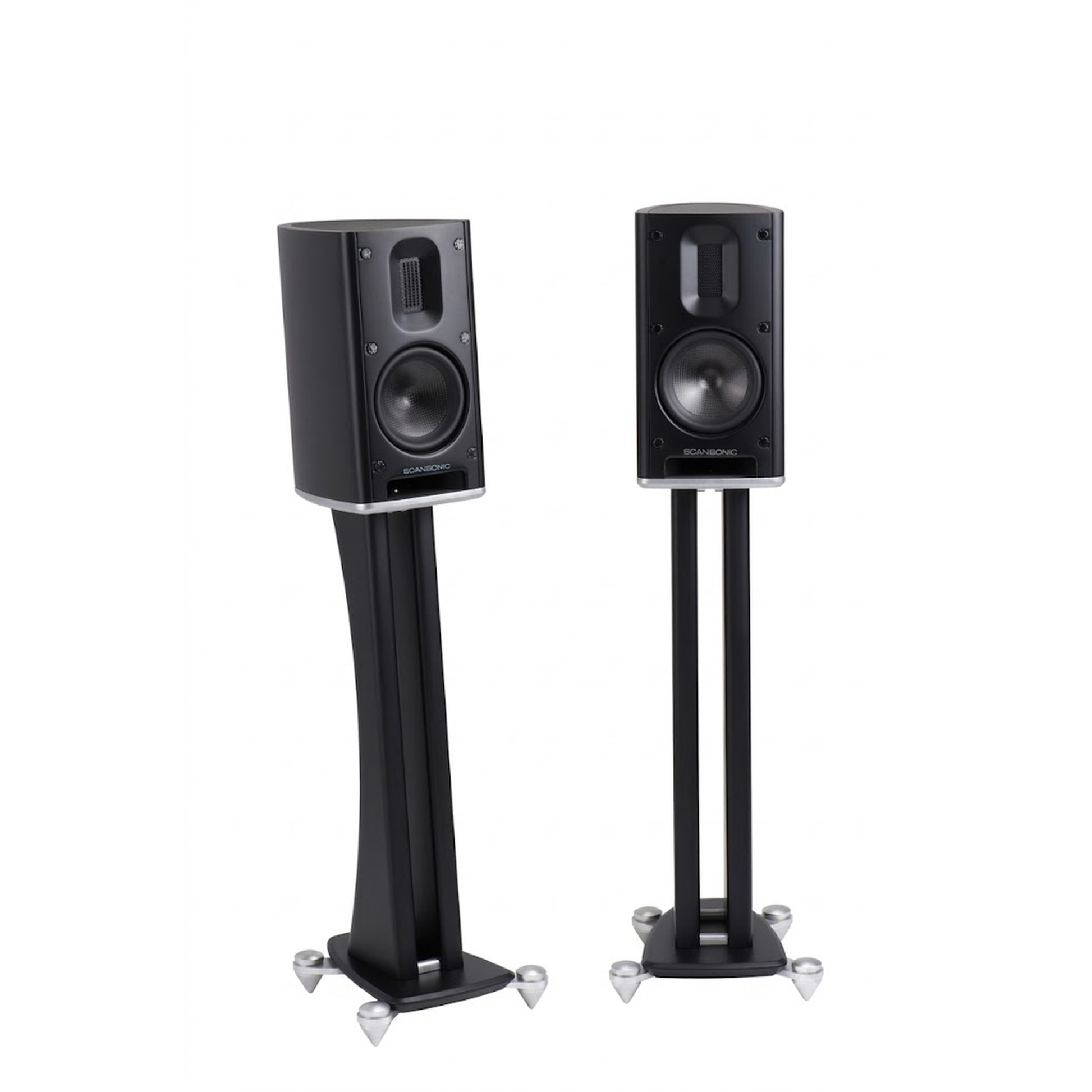 Scansonic HD MB1 B Regallautsprecher Stereopaar in Schwarz auf Lautsprecherständern