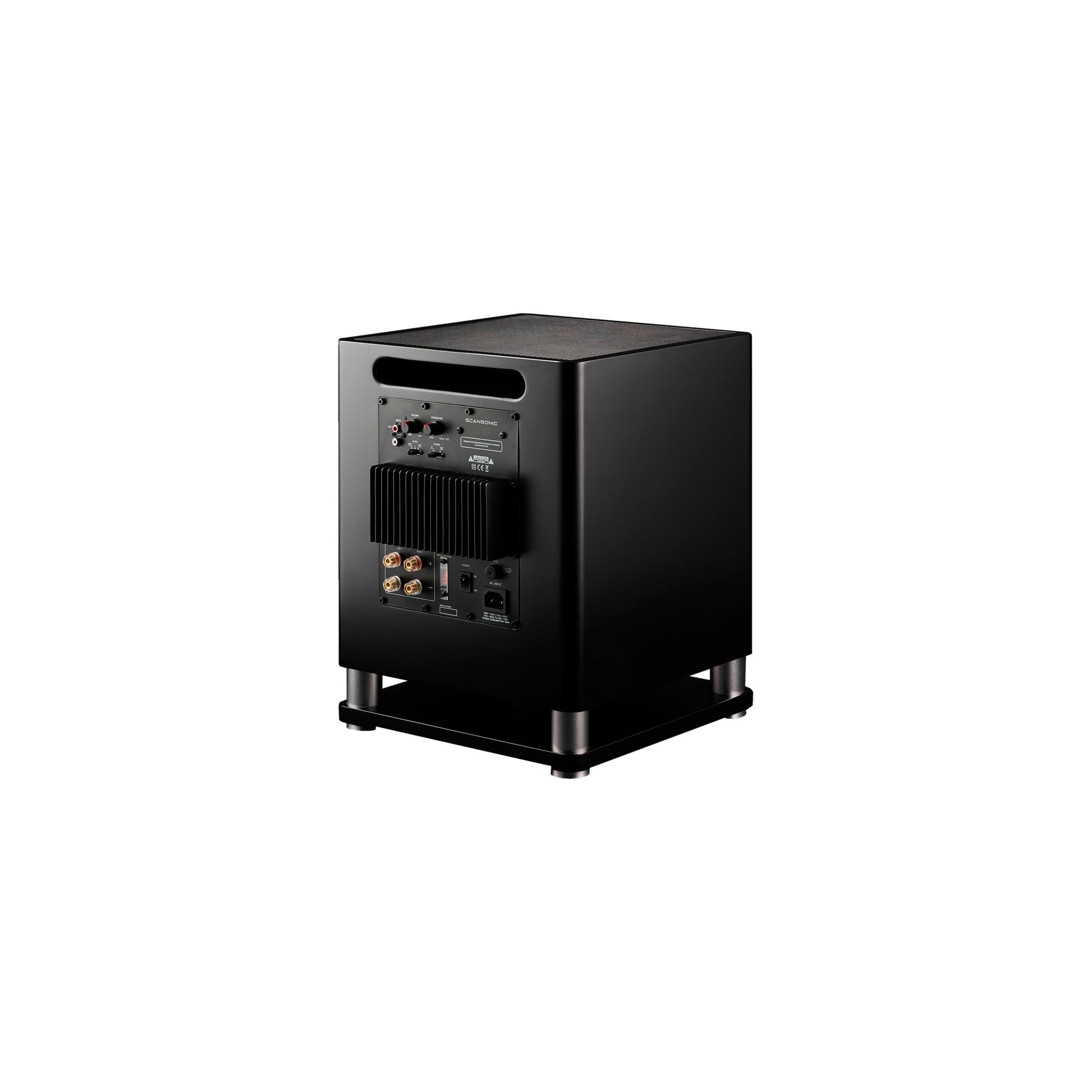 Scansonic HD MB10 Aktiver Subwoofer in Schwarz, Rückansicht mit Verstärkermodul und Anschlussfeld