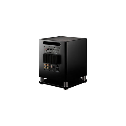 Scansonic HD MB10 Aktiver Subwoofer in Schwarz, Rückansicht mit Verstärkermodul und Anschlussfeld