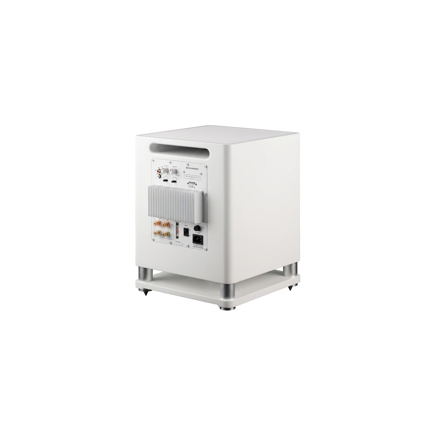 Scansonic HD MB10 Aktiver Subwoofer in Weiss, Rückansicht mit Verstärkermodul und Anschlussfeld
