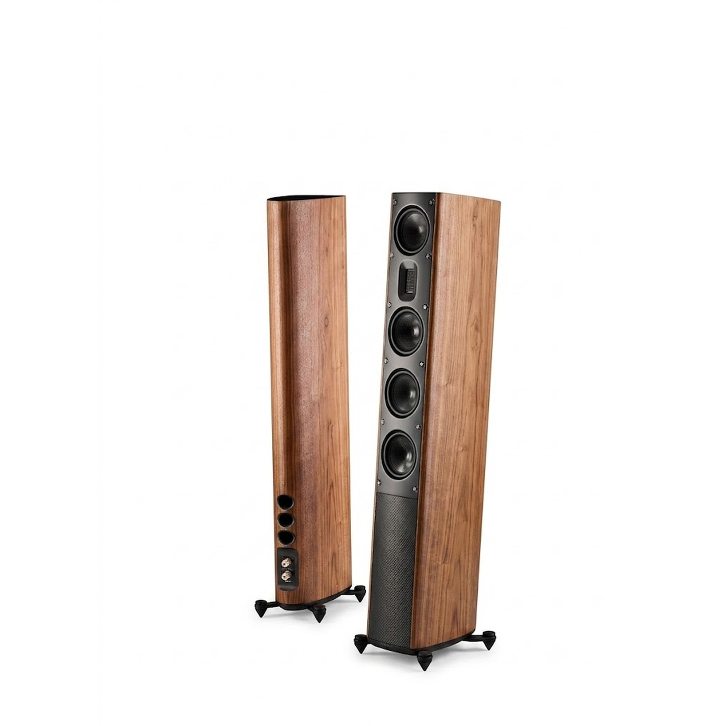 Scansonic HD MB3.5 B Standlautsprecher Stereopaar in Walnuss, Frontansicht und Rückansicht nebeneinander