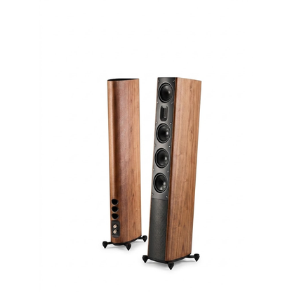 Scansonic HD MB3.5 B Standlautsprecher Stereopaar in Walnuss, Frontansicht und Rückansicht nebeneinander