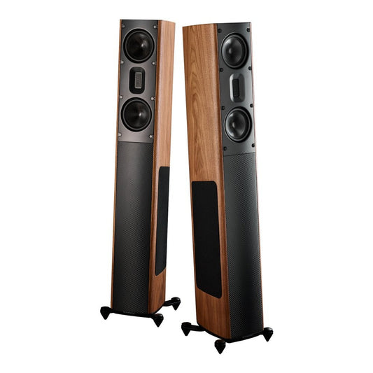 Scansonic HD MB3.5 B Standlautsprecher Stereopaar in Walnuss, Frontansicht und Rückansicht