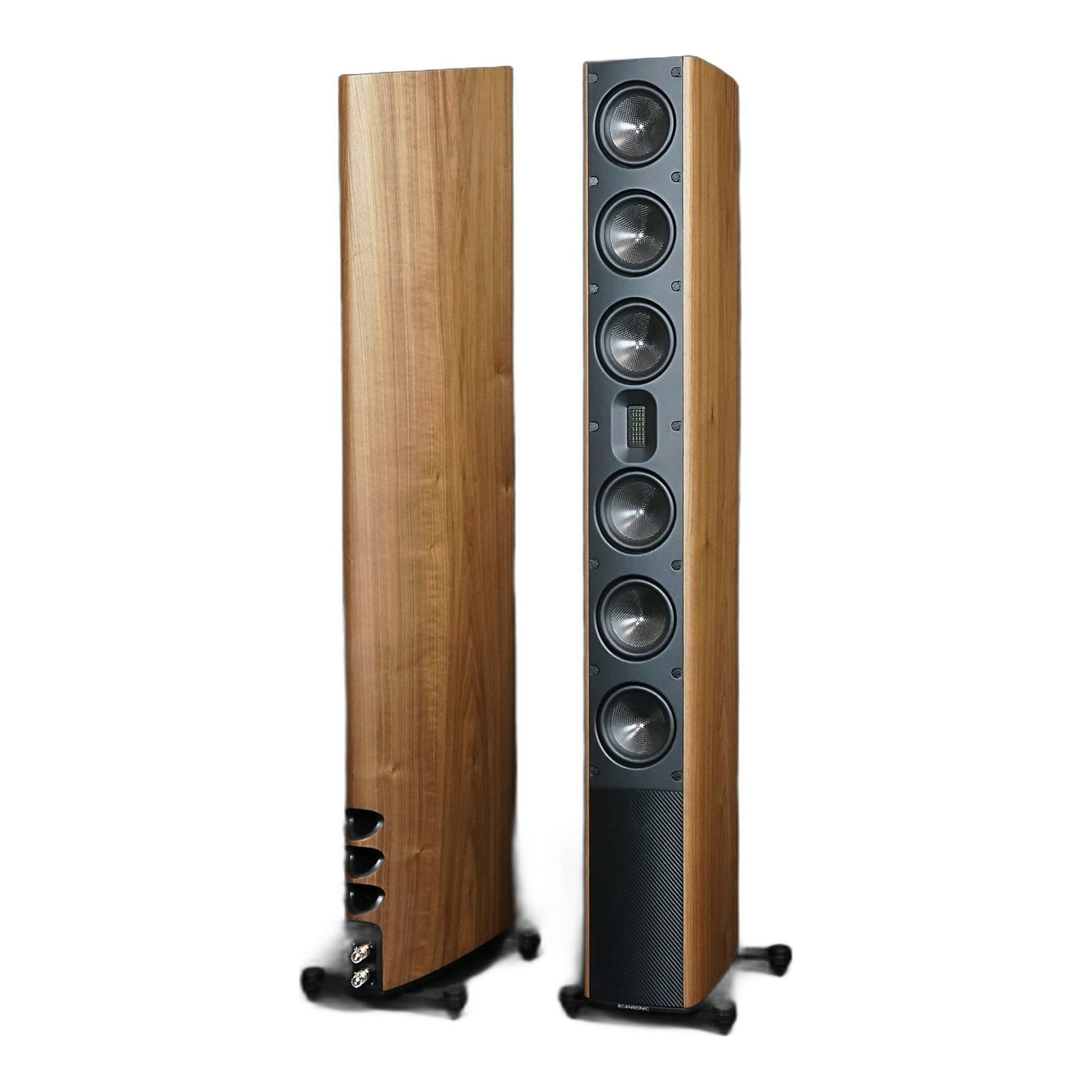 Scansonic HD MB6 B Standlautsprecher Stereopaar in Walnuss, Rückseite und Frontseite nebeneinander