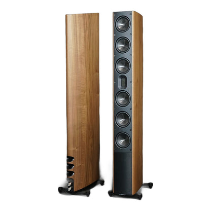 Scansonic HD MB6 B Standlautsprecher Stereopaar in Walnuss, Rückseite und Frontseite nebeneinander