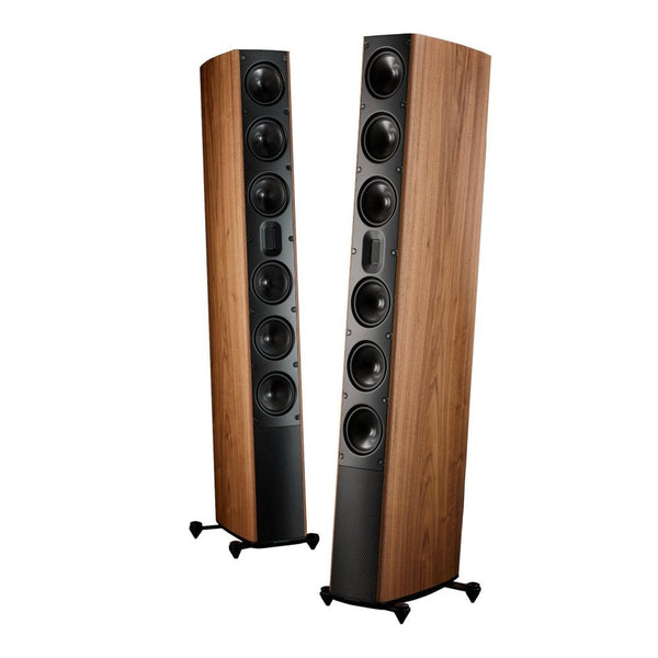 Scansonic HD MB6 B Standlautsprecher Stereopaar in Walnuss, Frontansicht und Rückansicht
