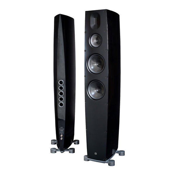 Scansonic HD Q10 Standlautsprecher Stereopaar in Schwarz, Frontansicht und Rückansicht