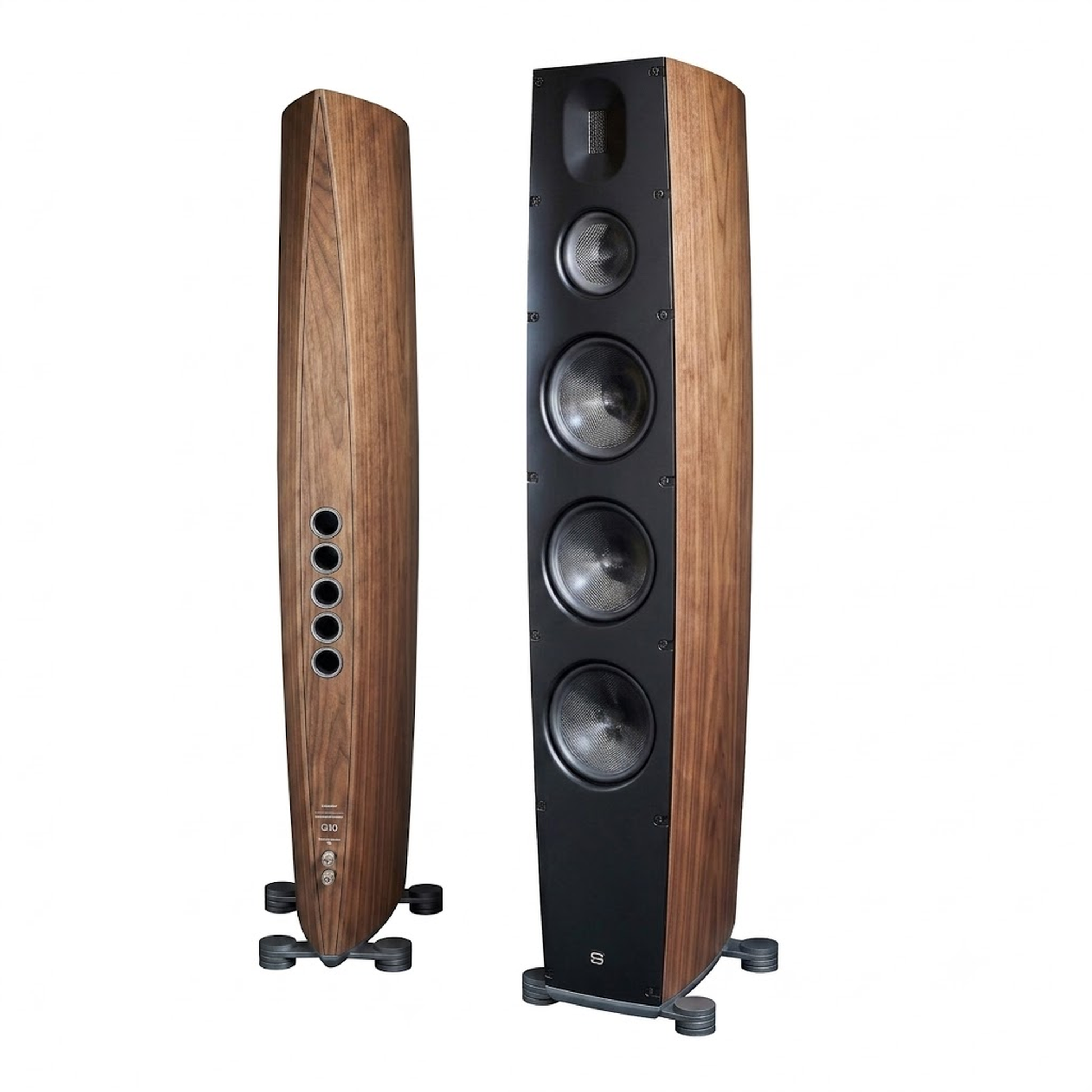 Scansonic HD Q10 Standlautsprecher Stereopaar in Walnuss, Frontansicht und Rückansicht