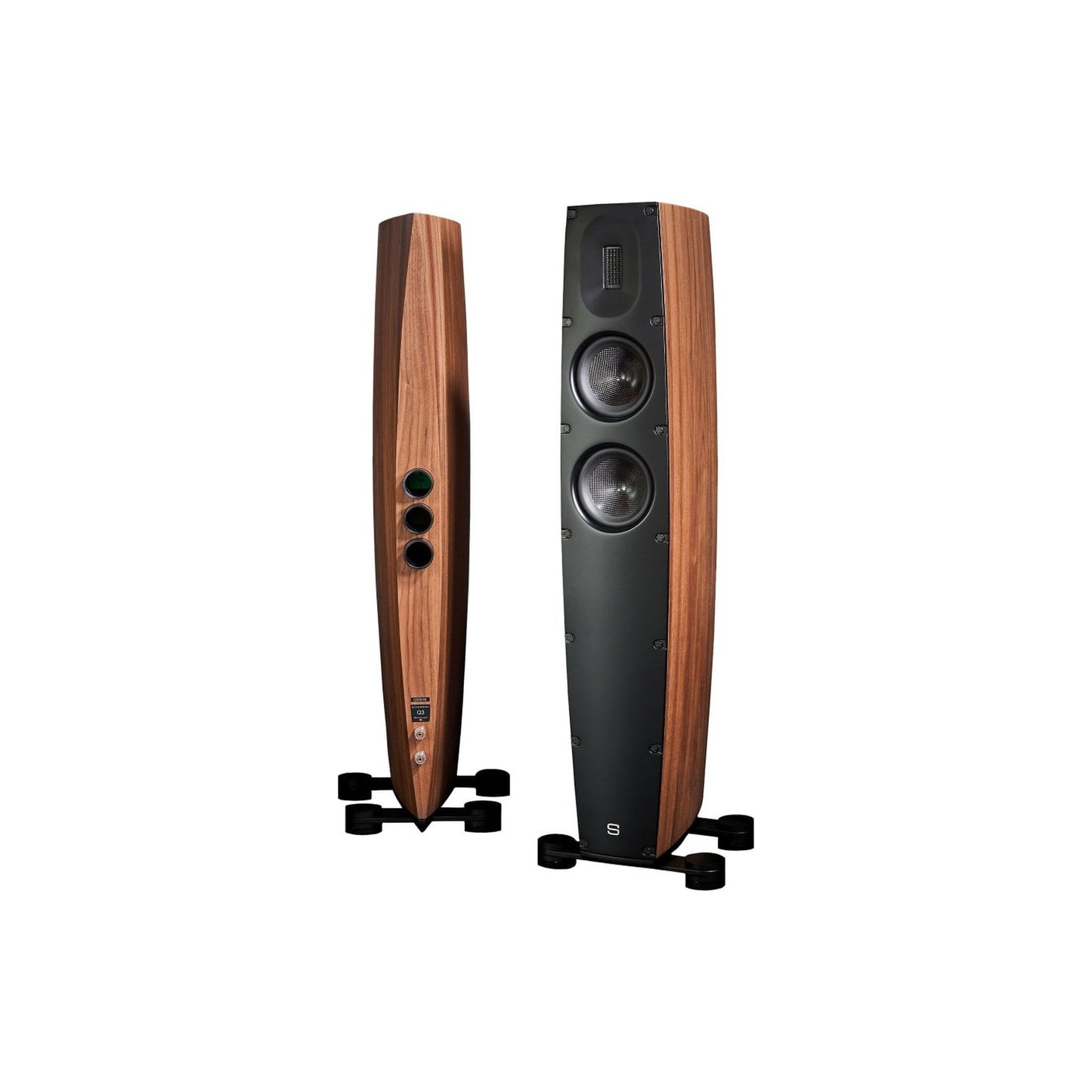 Scansonic HD Q3 Standlautsprecher Stereopaar in Walnuss, Frontansicht und Rückansicht