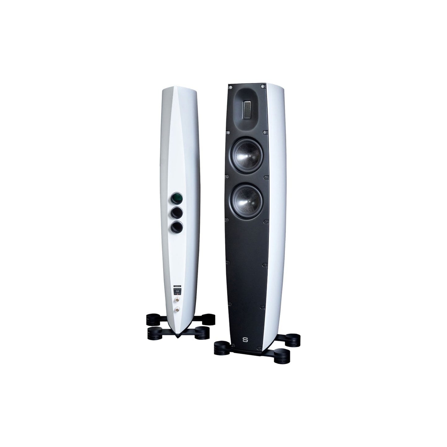 Scansonic HD Q3 Standlautsprecher Stereopaar in Weiss, Frontansicht und Rückansicht