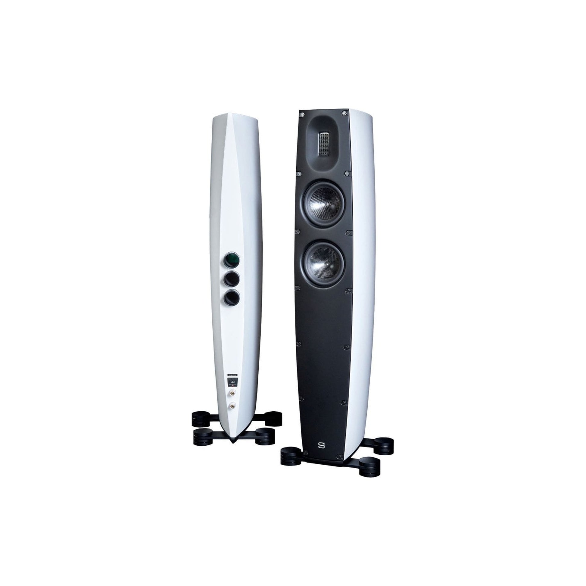 Scansonic HD Q3 Standlautsprecher Stereopaar in Weiss, Frontansicht und Rückansicht