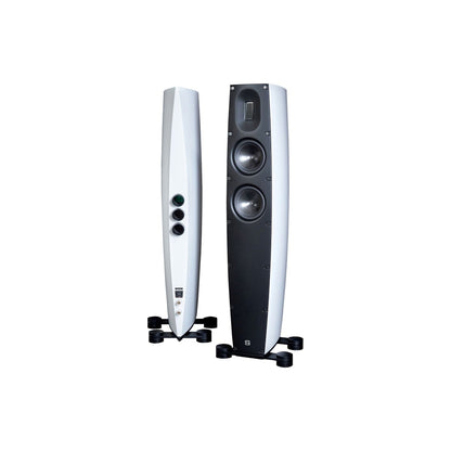 Scansonic HD Q3 Standlautsprecher Stereopaar in Weiss, Frontansicht und Rückansicht