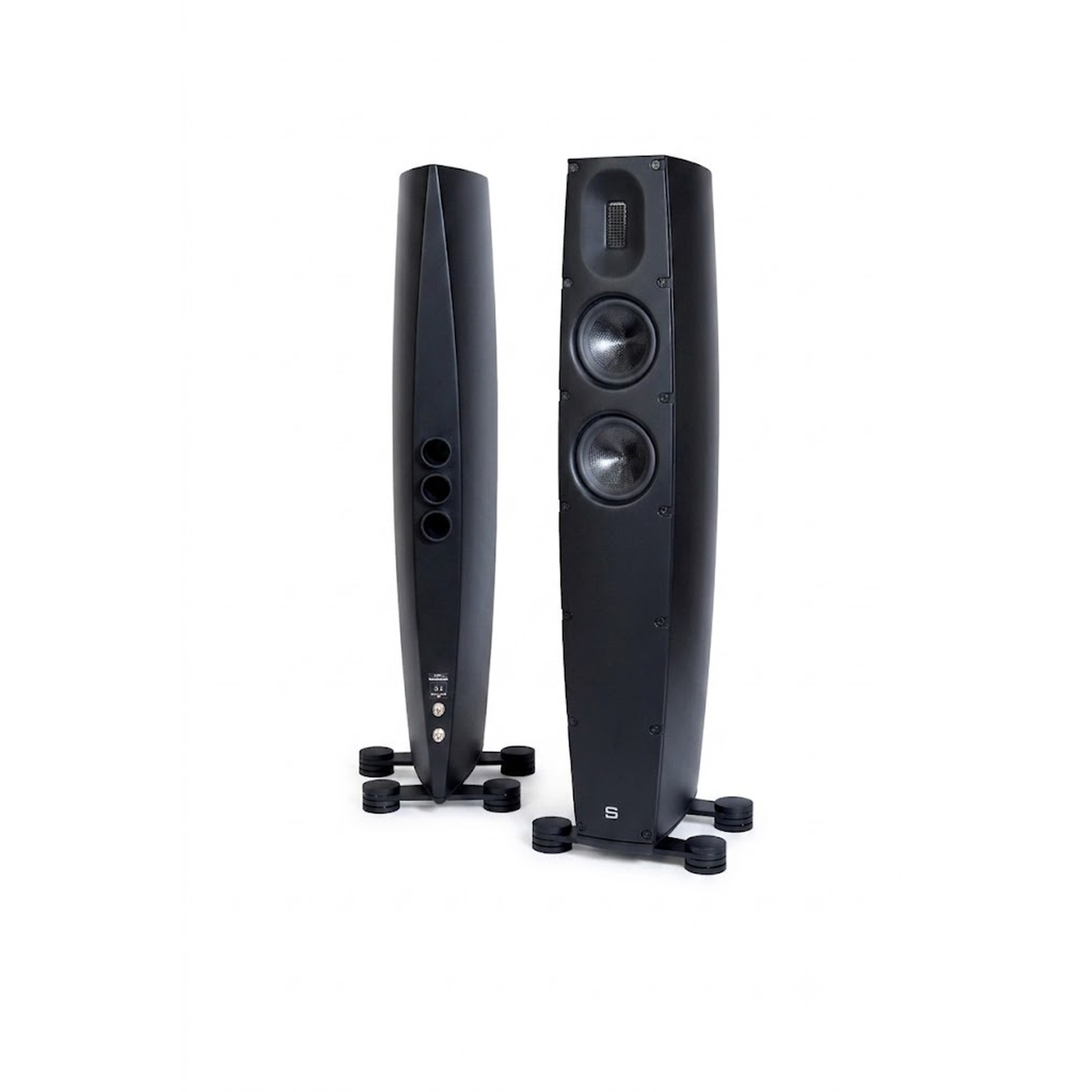 Scansonic HD Q8 Standlautsprecher Stereopaar in Schwarz, Frontansicht und Rückansicht