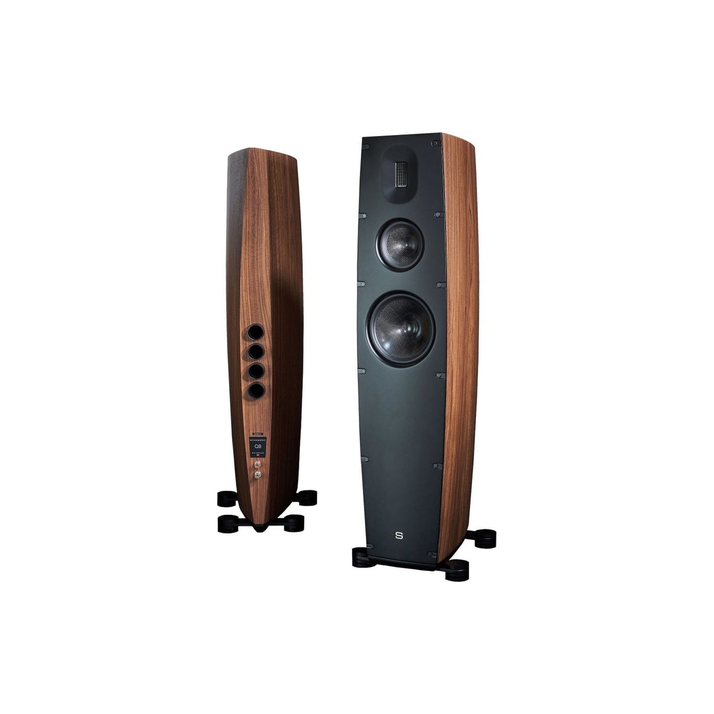 Scansonic HD Q8 Standlautsprecher Stereopaar in Walnuss, Frontansicht und Rückansicht