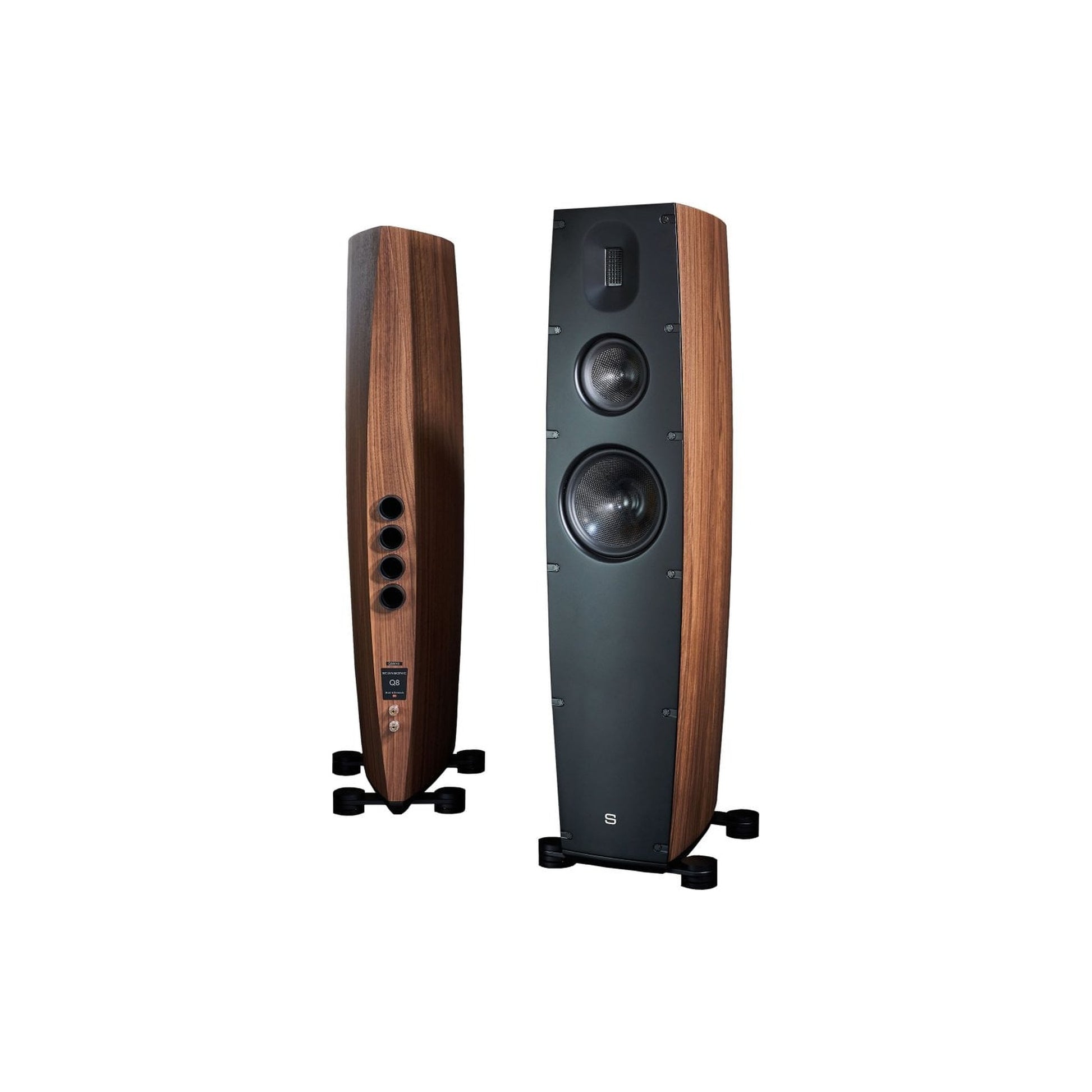 Scansonic HD Q8 Standlautsprecher Stereopaar in Walnuss, Frontansicht und Rückansicht