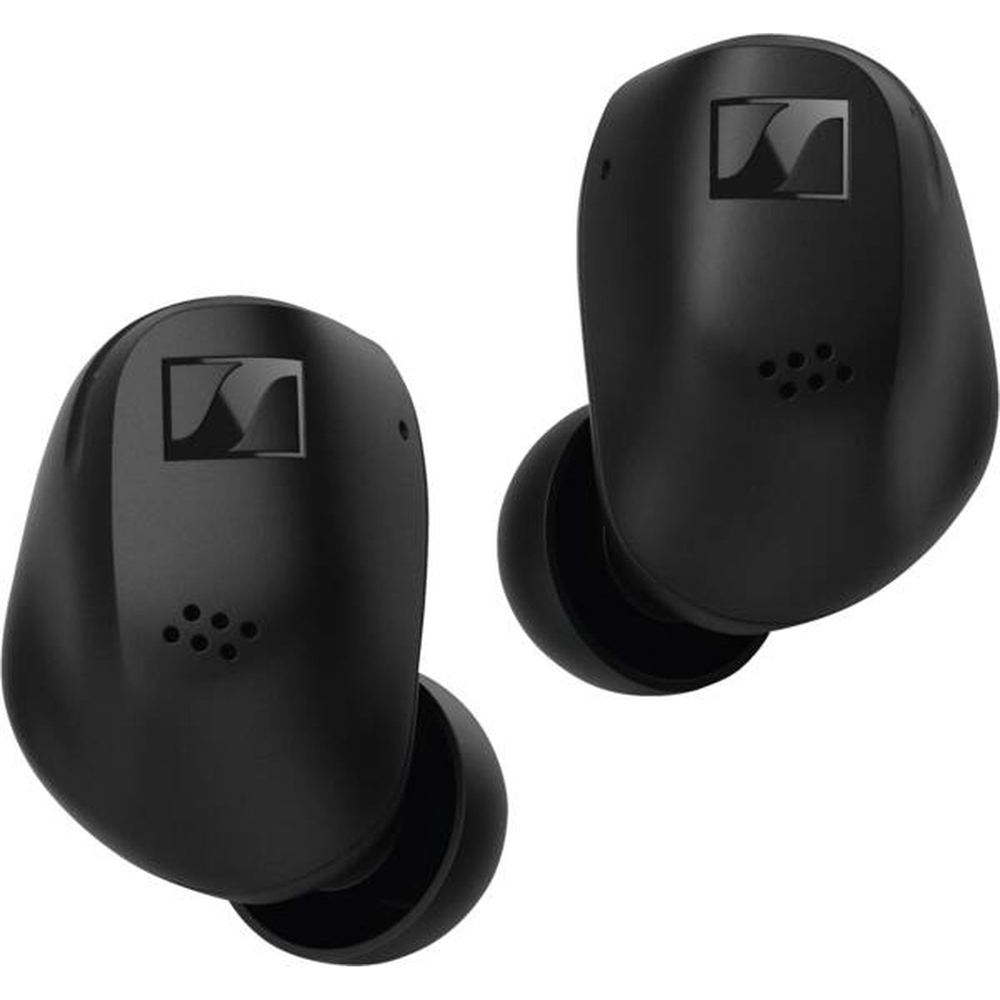 Sennheiser Accentum True Wireless In-Ear-Kopfhörer Schwarz Schrägansicht beide Ohrhörer mit Ladeetui-Kabel
