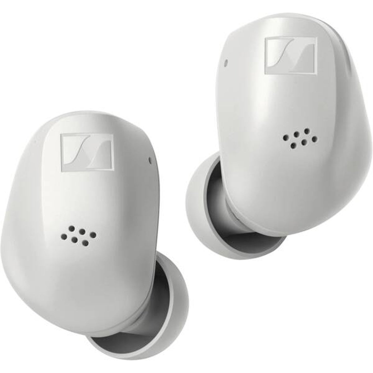 Sennheiser Accentum True Wireless In-Ear-Kopfhörer Weiss Schrägansicht beide Ohrhörer mit Ladeetui-Kabel