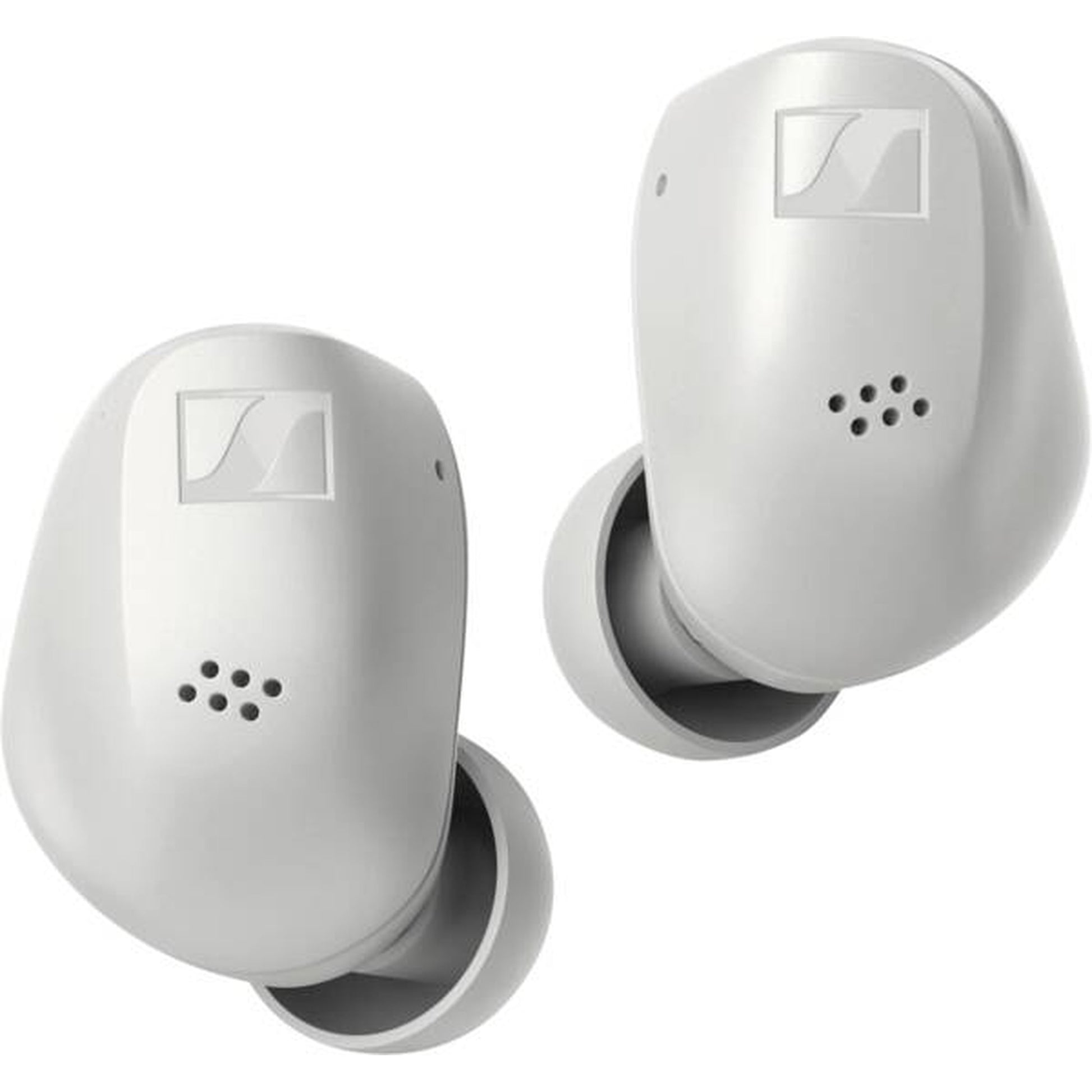 Sennheiser Accentum True Wireless In-Ear-Kopfhörer Weiss Schrägansicht beide Ohrhörer mit Ladeetui-Kabel