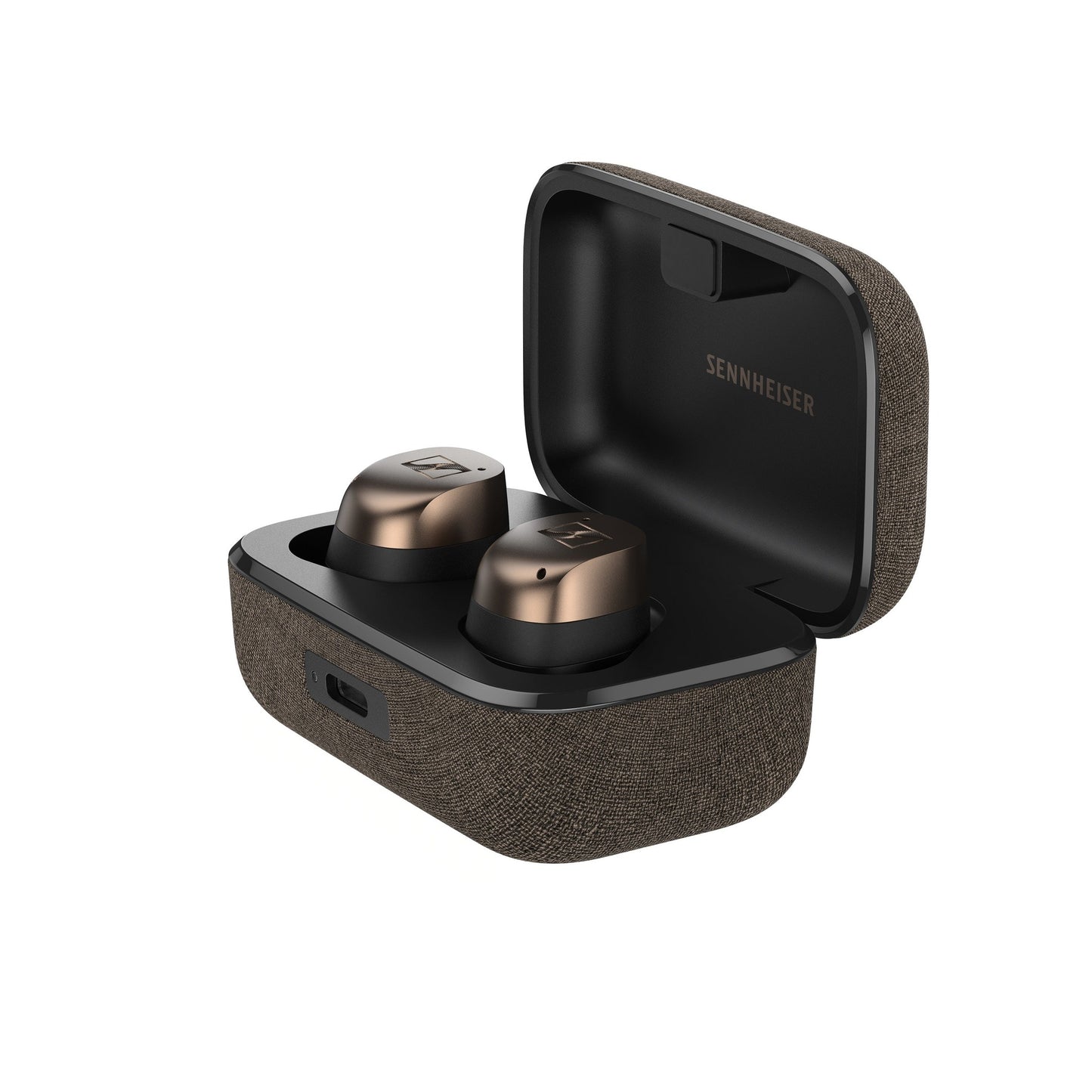 Sennheiser Momentum True Wireless 4 In-Ear-Kopfhörer Schwarz-Kupfer Detailansicht Ohrhörer Nahaufnahme seitlich
