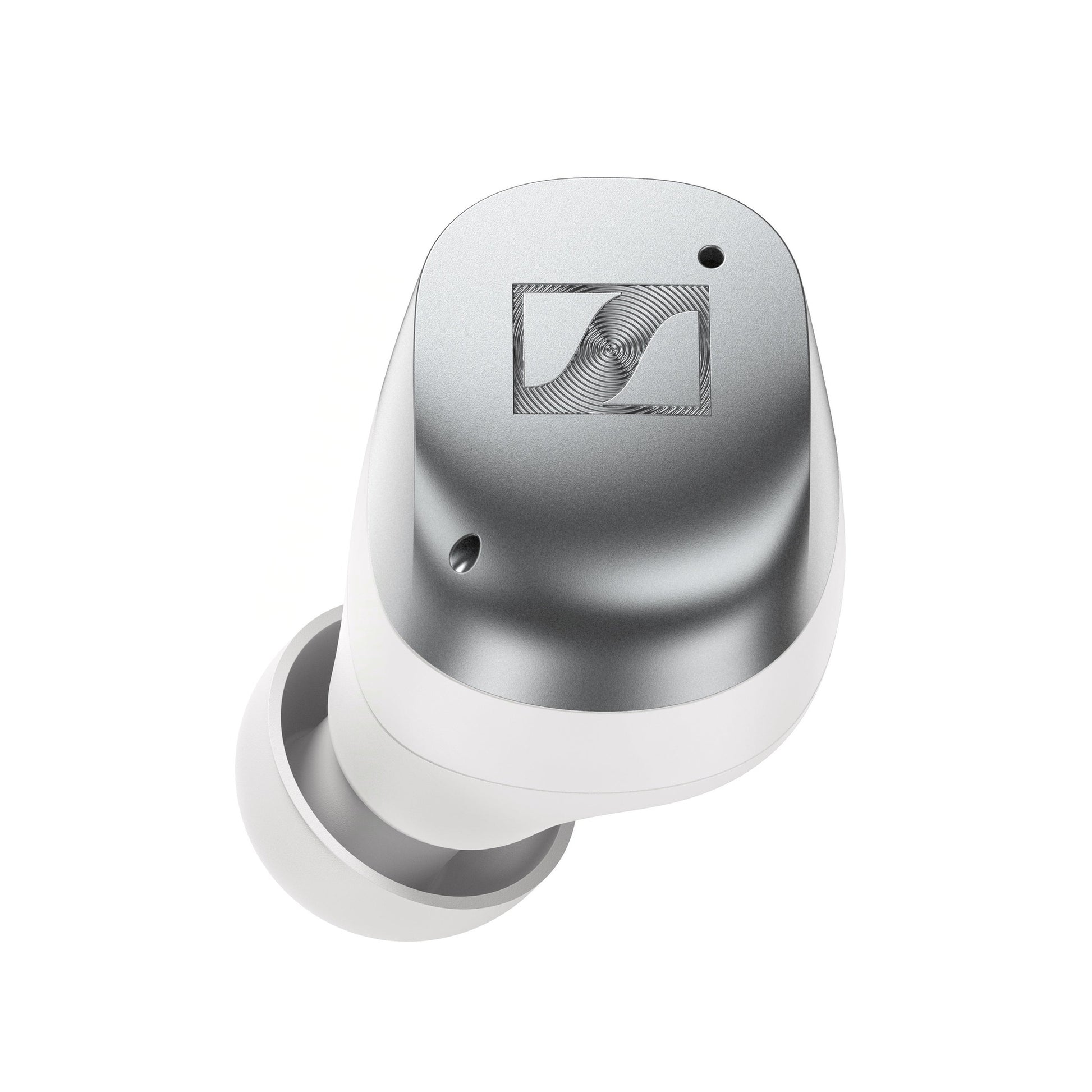 Sennheiser Momentum True Wireless 4 In-Ear-Kopfhörer Weiss-Silber Detailansicht Ohrhörer Nahaufnahme