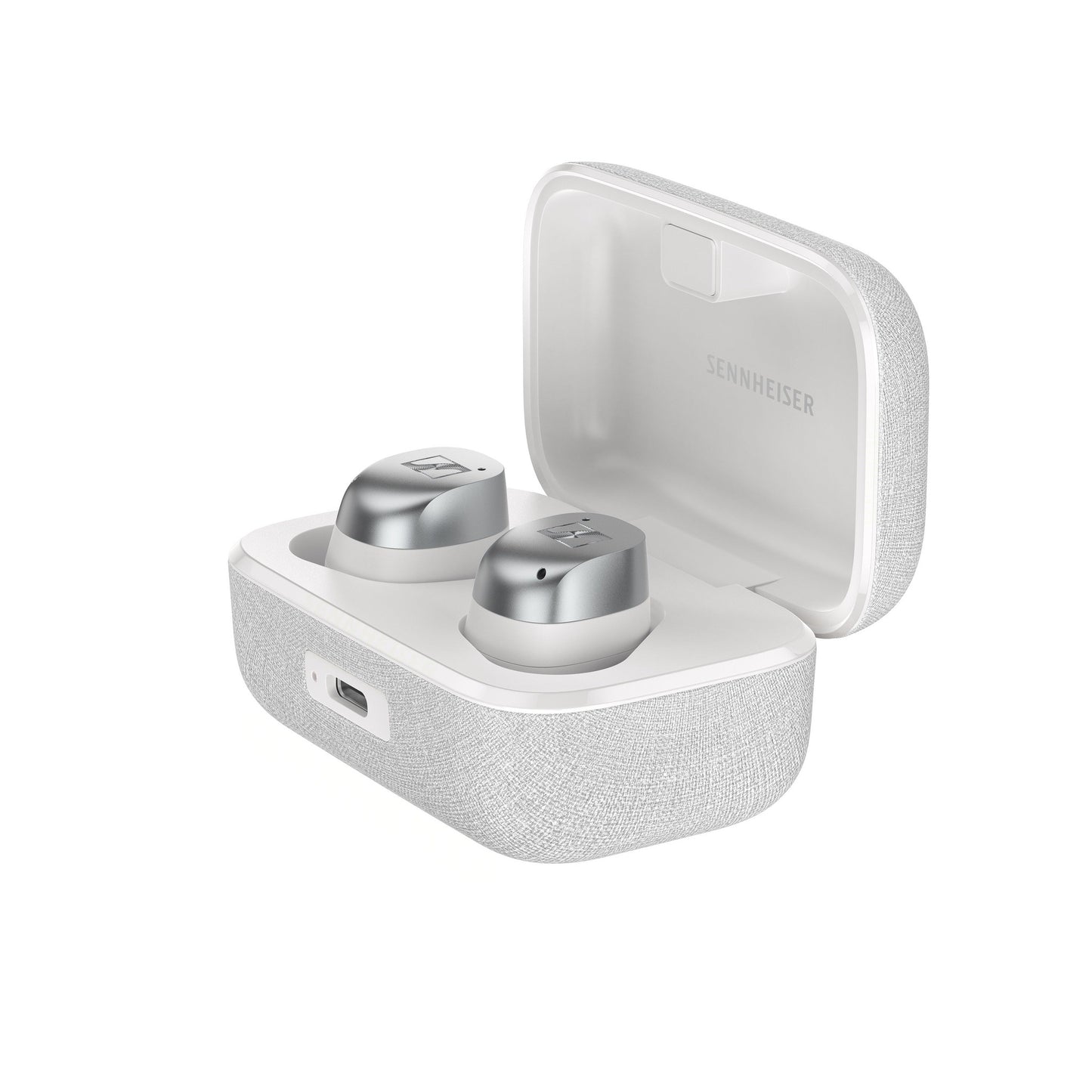 Sennheiser Momentum True Wireless 4 In-Ear-Kopfhörer Weiss-Silber Detailansicht Ohrhörer Nahaufnahme seitlich