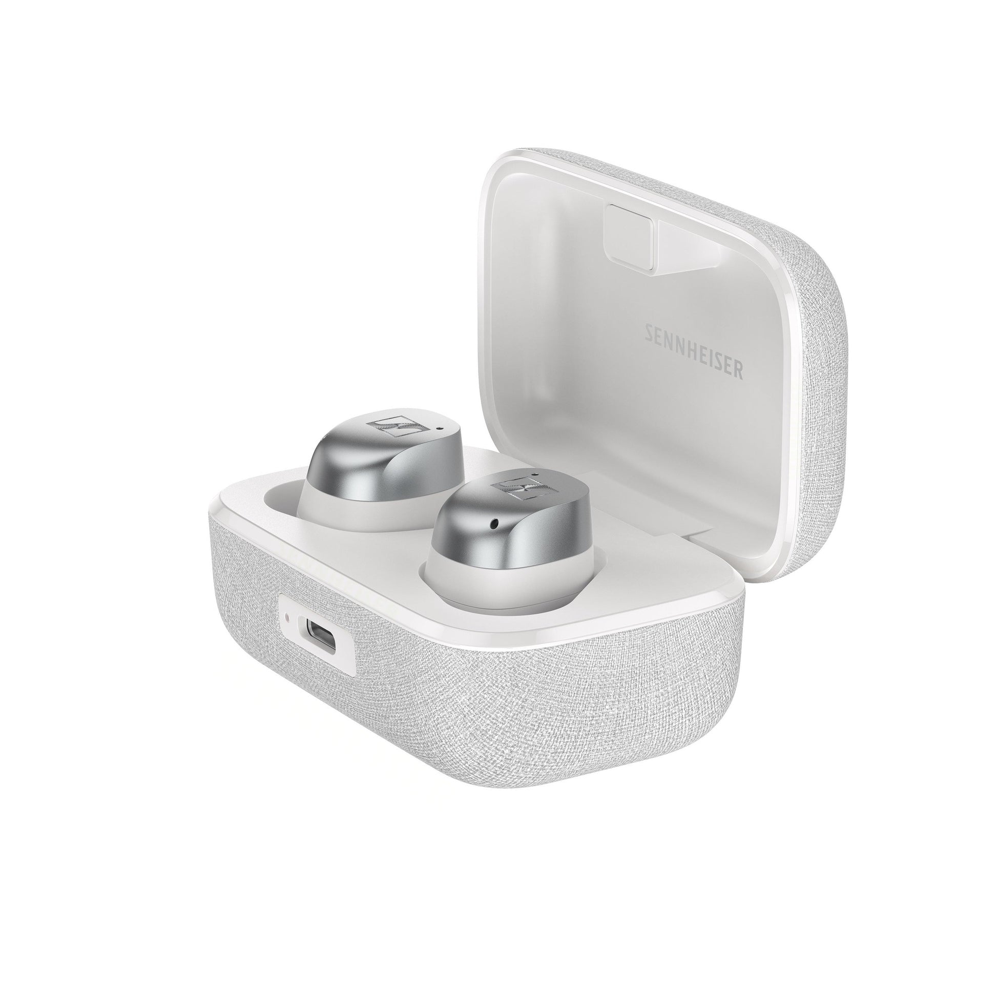 Sennheiser Momentum True Wireless 4 In-Ear-Kopfhörer Weiss-Silber Detailansicht Ohrhörer Nahaufnahme seitlich