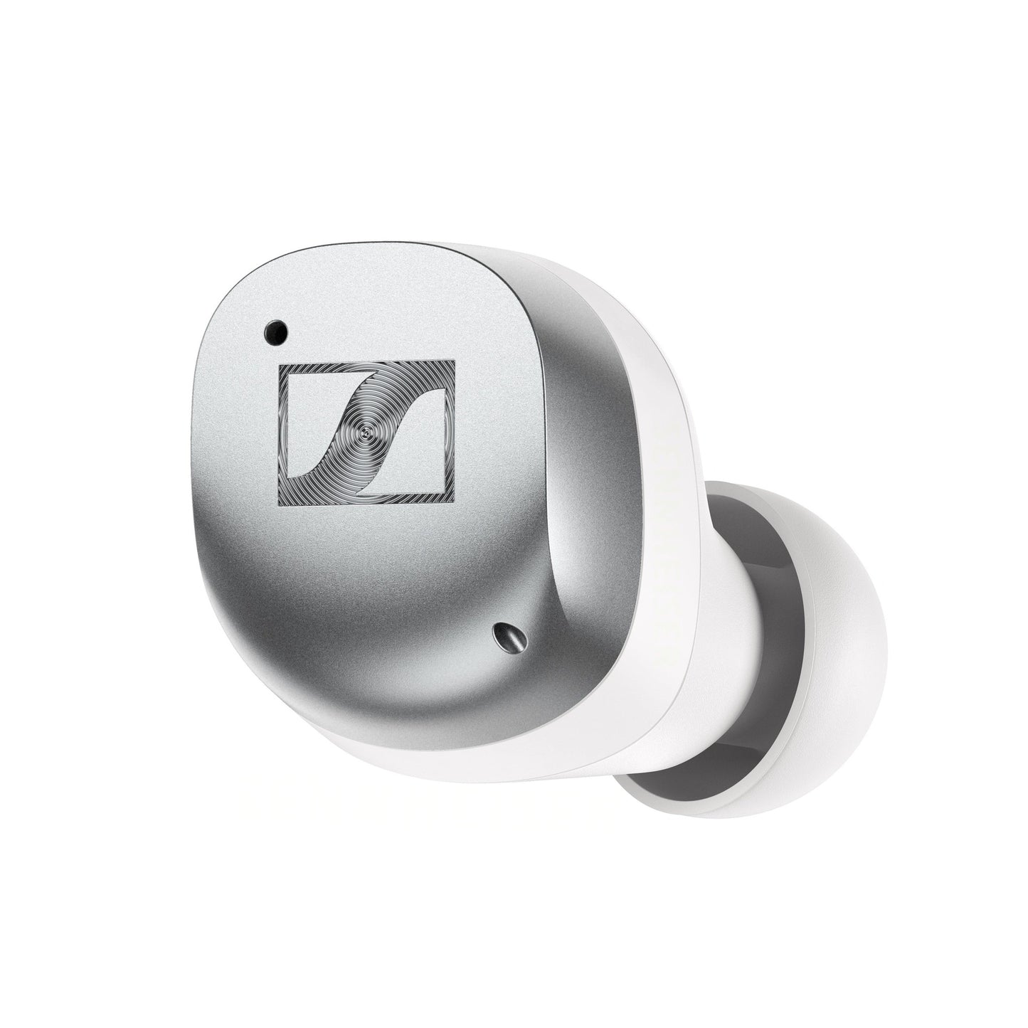 Sennheiser Momentum True Wireless 4 In-Ear-Kopfhörer Weiss-Silber Frontansicht eines Ohrhörers