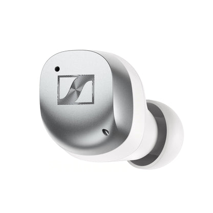 Sennheiser Momentum True Wireless 4 In-Ear-Kopfhörer Weiss-Silber Frontansicht eines Ohrhörers