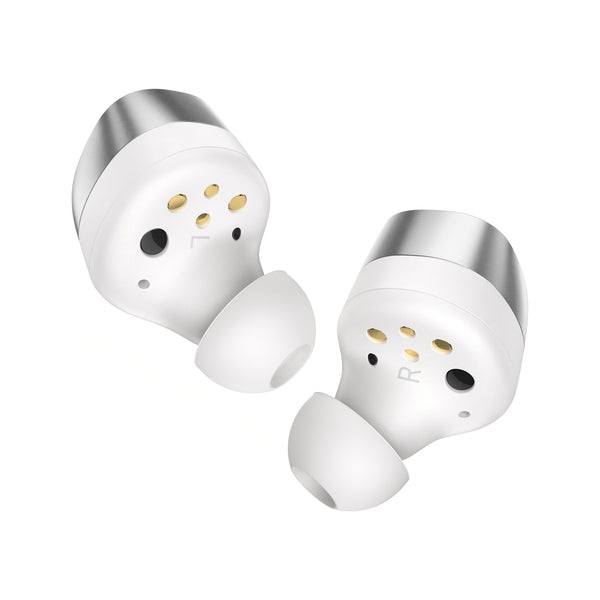 Sennheiser Momentum True Wireless 4 In-Ear-Kopfhörer Weiss-Silber Schrägansicht beide Ohrhörer im Halbprofil