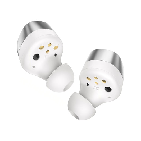 Sennheiser Momentum True Wireless 4 In-Ear-Kopfhörer Weiss-Silber Schrägansicht beide Ohrhörer im Halbprofil
