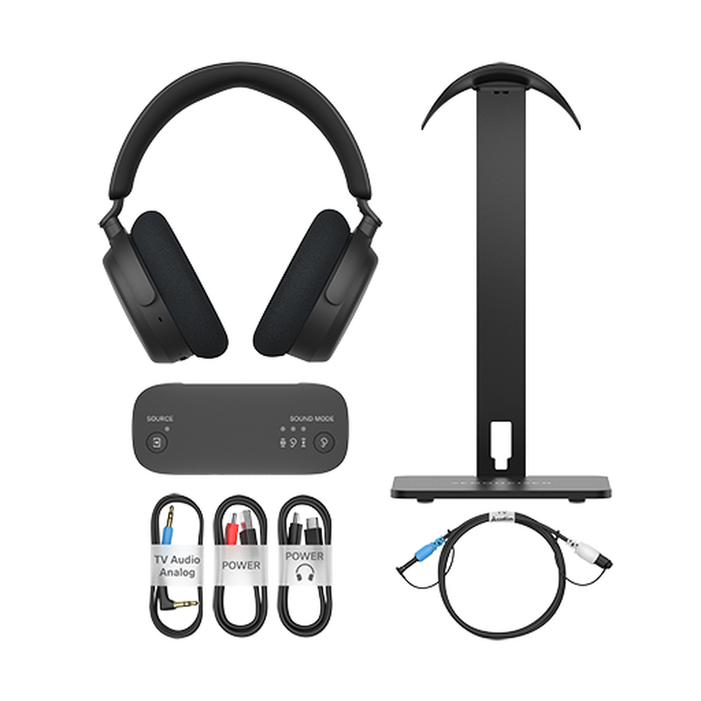 Sennheiser RS 275 TV-Funkkopfhörer-System Lieferumfang mit Sender, Ständer und Kabeln