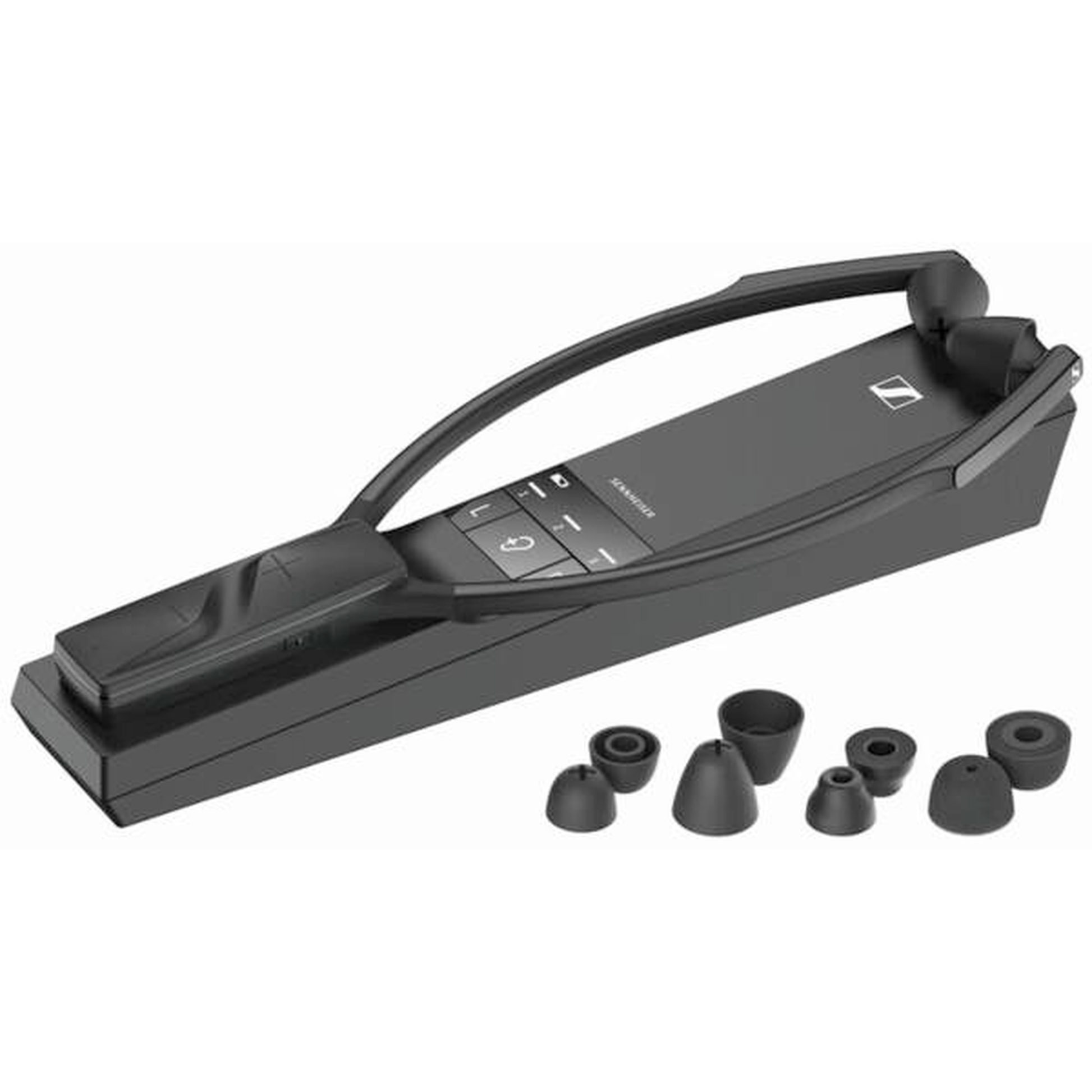 Sennheiser RS 5200 TV-Funkkopfhörer-System Lieferumfang mit Ladestation und Ohrpassstücken
