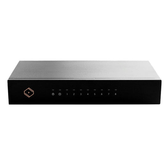 Silent Angel Bonn N8 Netzwerk-Switch Frontansicht mit acht Status-LEDs