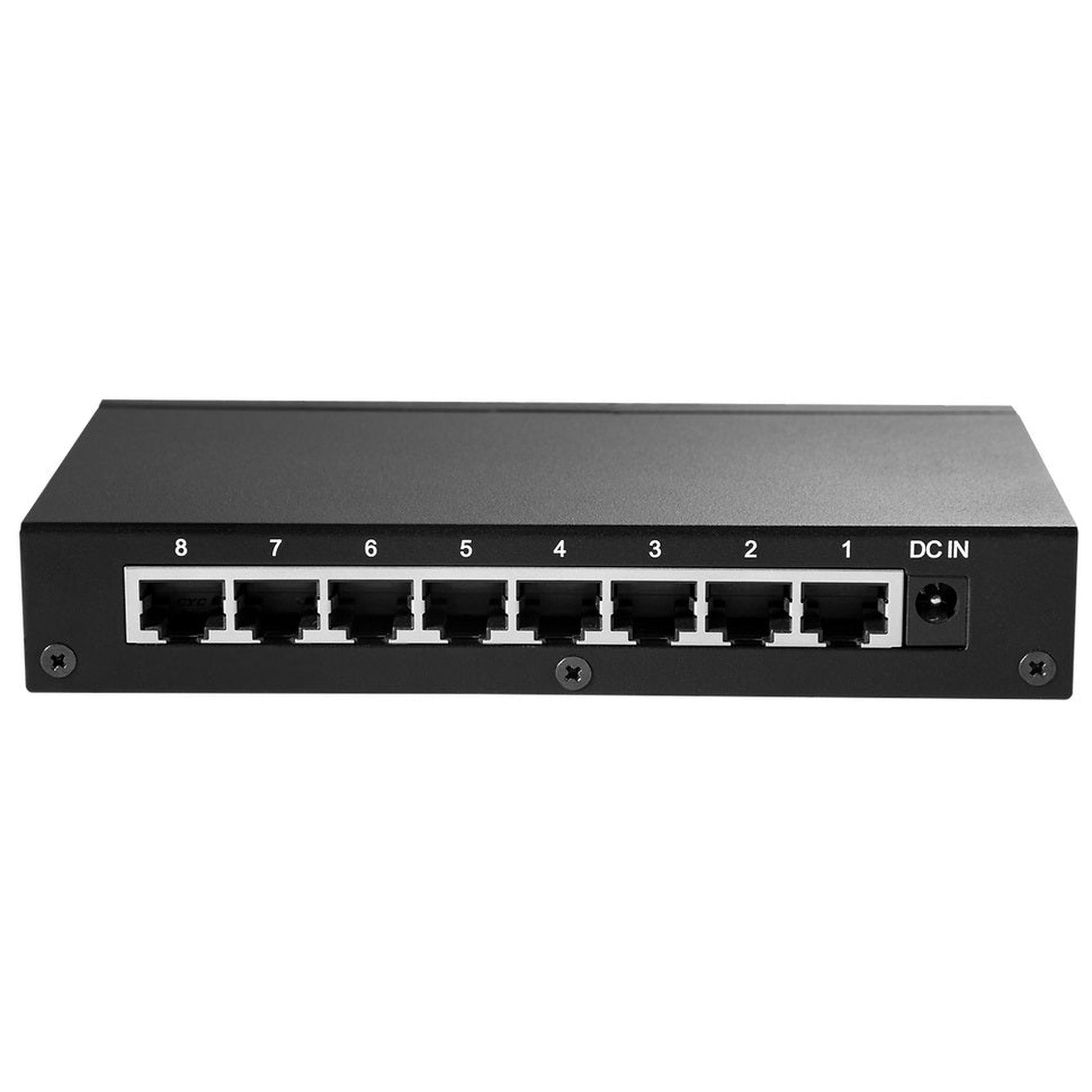 Silent Angel Bonn N8 Netzwerk-Switch Rückansicht mit acht RJ45-Ports und DC-Eingang