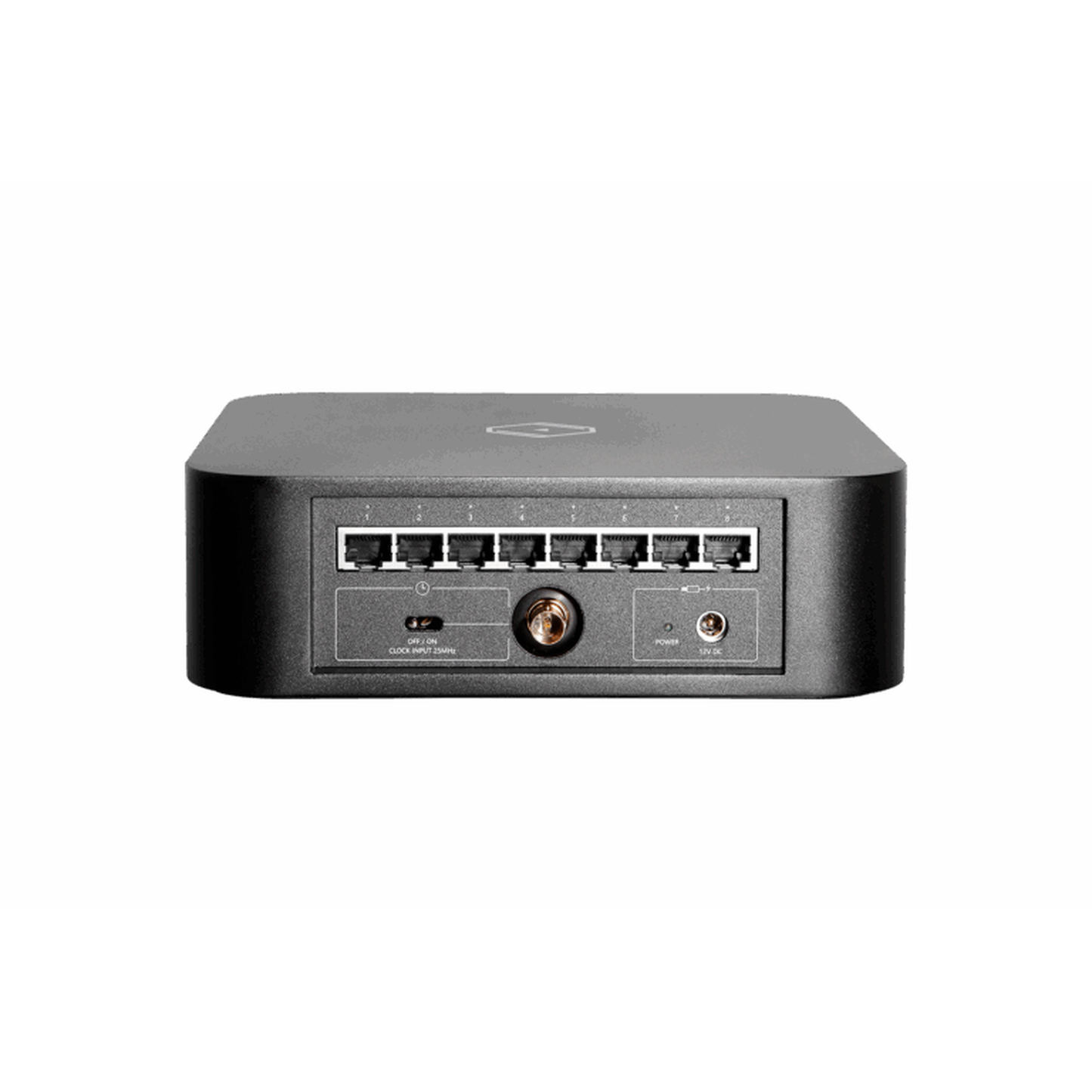 Silent Angel Bonn N8C Netzwerk-Switch Rückansicht mit acht RJ45-Ports, Clock-Eingang und DC-Buchse